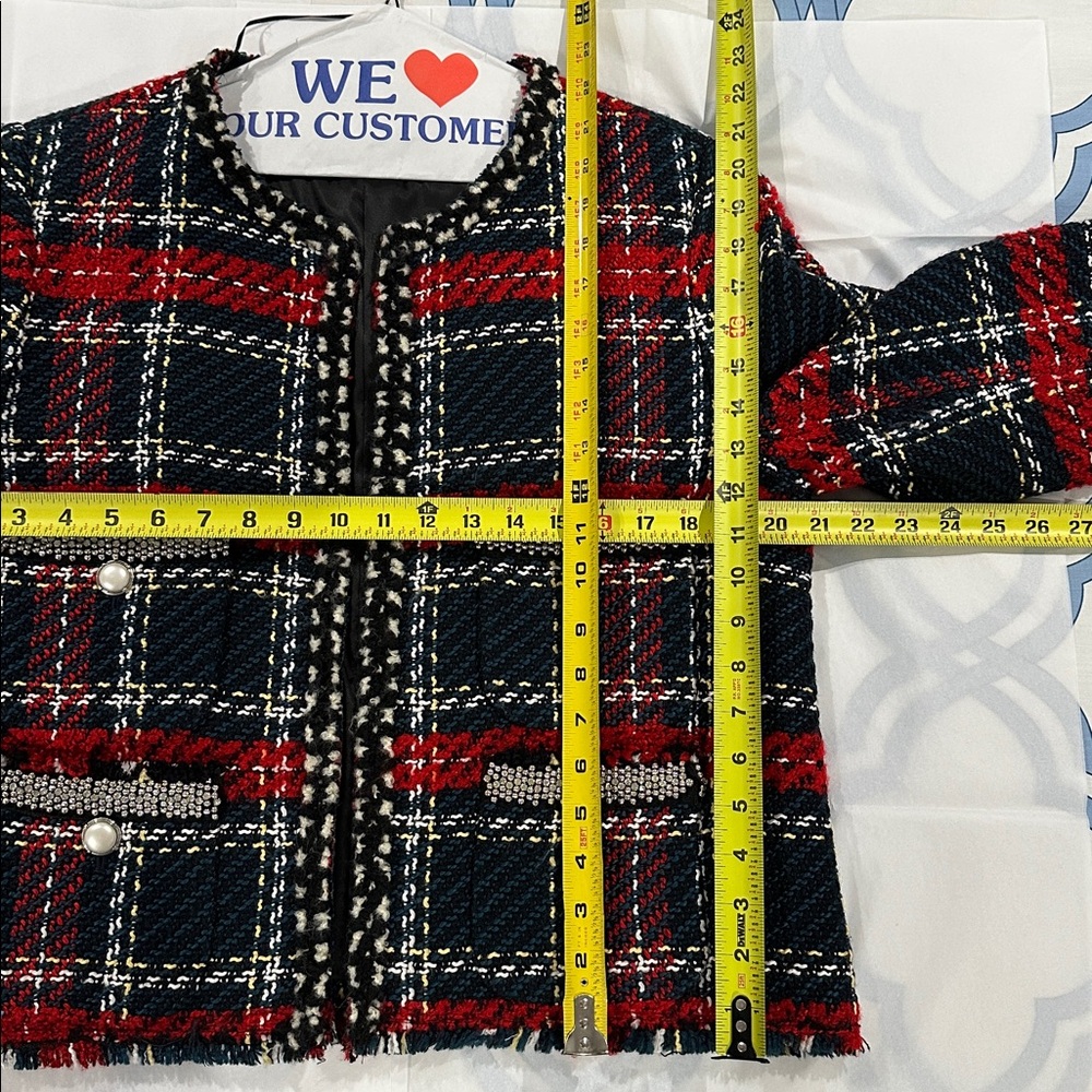 Zara Navy Black Red Plaid Bouckle Tweed Pearl Beaded Trim Blazer Jacket Size L❤️ - Picture 12 of 15